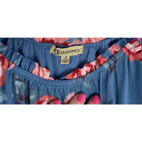 Democracy Floral Print Boho Ruffle Peasant Hippie Blouse S Mesh Fabric Blue $68 - Picture 4 of 11